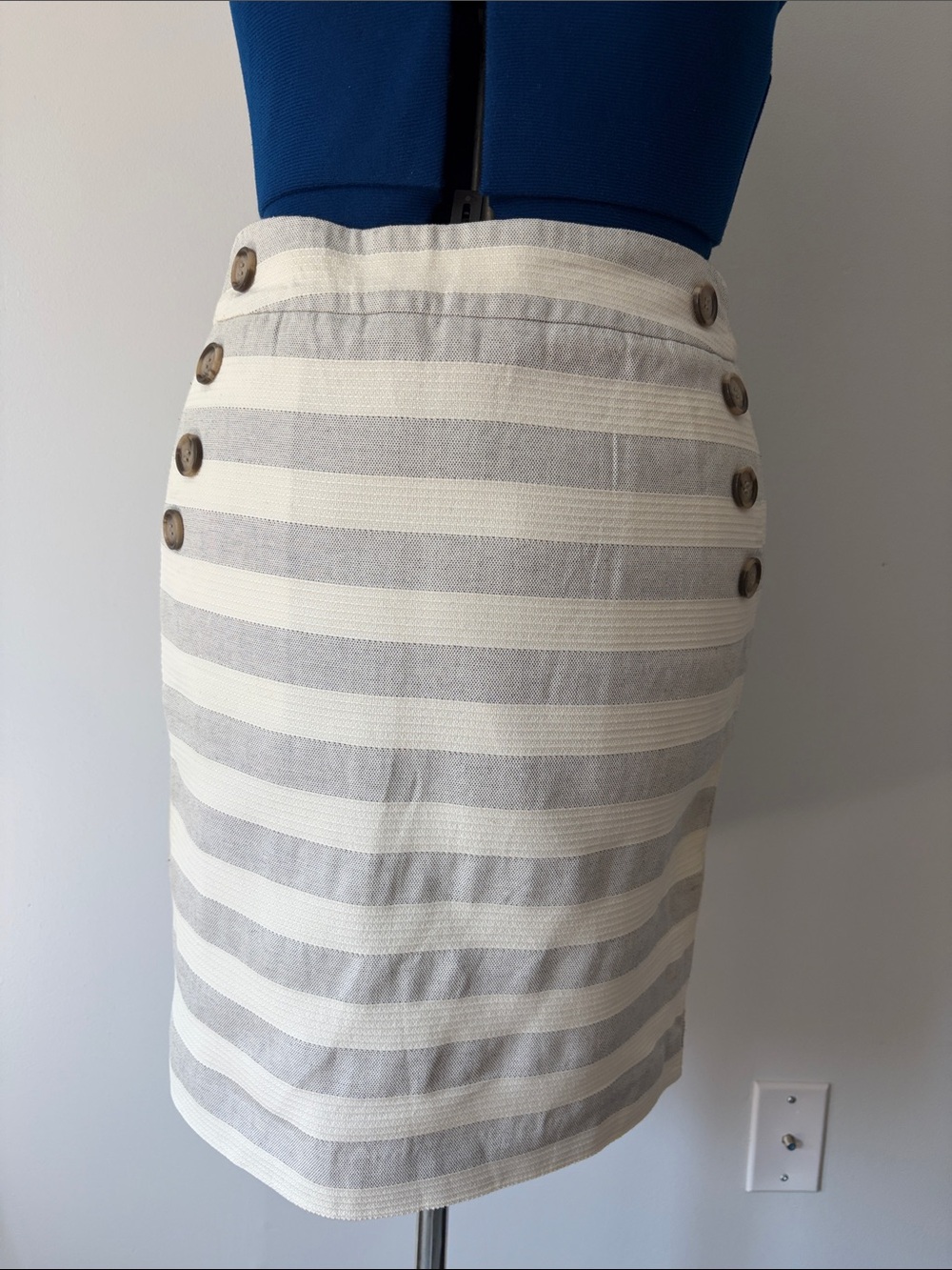 Striped Cream and Gray/Navy Pencil Skirt with Button Detail